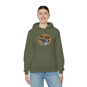 Olive green cotton-polyester hoodie with a flying mallard duck and "JON YACHT" graphic.