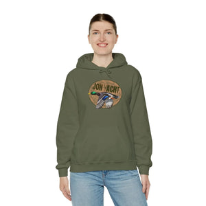 Olive green cotton-polyester hoodie with a flying mallard duck and "JON YACHT" graphic.