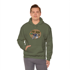 Man in an olive green "Old School Duck" hoodie with a flying mallard graphic and "JON YACHT" text.