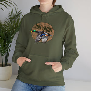 Olive green cotton-polyester hoodie with a "JON YACHT" logo and a flying mallard duck graphic.