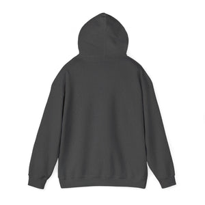Back view of a dark gray, classic fit, cotton-polyester blend hoodie with a spacious hood.