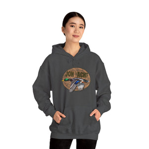 Charcoal gray cotton-polyester hoodie with a flying mallard duck and "JON YACHT" graphic.