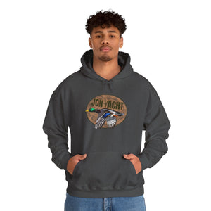 Charcoal gray cotton-polyester hoodie with a "JON YACHT" logo and a flying mallard duck graphic.