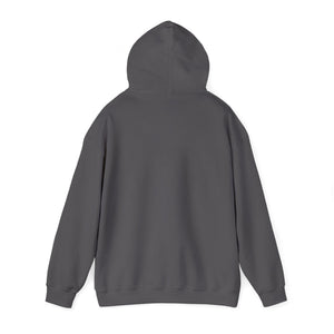 Back of a dark gray, classic fit, cotton-polyester blend hoodie with a matching drawstring hood.