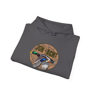 Dark gray cotton-polyester hoodie with a mallard duck and "JON YACHT" graphic.