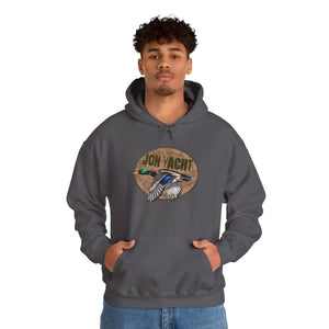 Man wearing a charcoal gray cotton-polyester hoodie with a "JON YACHT" duck graphic and kangaroo pocket.