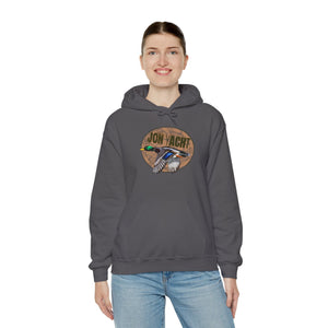 Woman wearing a dark gray cotton-polyester hoodie with a "JON YACHT" logo and flying duck graphic.