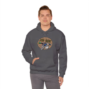 Man wearing a charcoal gray cotton-polyester hoodie with a "JON YACHT" logo and flying mallard duck design.