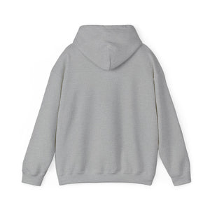 Back view of a classic fit, medium-heavy gray cotton-polyester hoodie with a spacious hood.