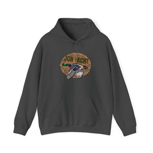 Charcoal gray cotton-polyester hoodie with a mallard duck and "JON YACHT" graphic.