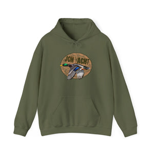 Olive green cotton-polyester hoodie with a flying mallard duck graphic and "JON YACHT" text on a wood-grain circle.