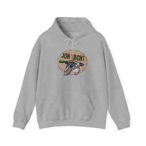 Light gray cotton-polyester hoodie with a "JON YACHT" logo and a flying mallard duck graphic.