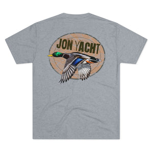 Gray tri-blend tee with "Jon Yacht" logo and flying mallard duck graphic on the back.