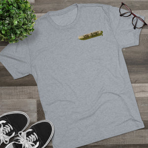 Light gray tri-blend tee with "Old School Duck Yacht" logo on chest, styled with sneakers and glasses.