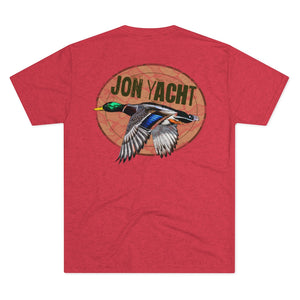 Red tri-blend tee with "Jon Yacht" logo and flying mallard duck graphic on back.