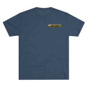 Heather navy tri-blend tee with "Old School Duck Yacht" graphic on the left chest.