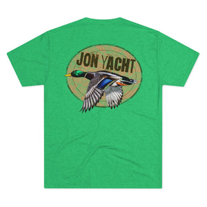 Green tri-blend regular fit tee with "Jon Yacht" logo and flying mallard duck graphic.