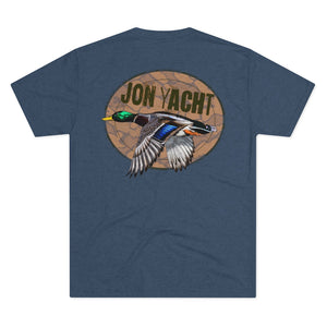 Navy blue tri-blend tee with a "Jon Yacht" logo featuring a flying mallard duck.