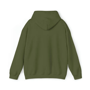 Back view of an olive green heavy blend hooded sweatshirt with a classic fit.