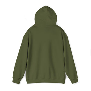 Back view of a plain olive green heavy blend hooded sweatshirt with a classic fit.