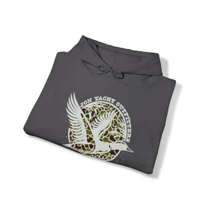Dark gray cotton-polyester hoodie with a white duck graphic over a camouflage circle, "Jon Yacht Outfitters" text.