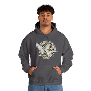 Young man in a charcoal gray cotton-polyester hoodie with a "Don Yacht Outfitters" duck logo.