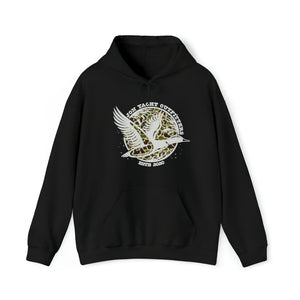 Black heavy blend hoodie with "Son Yacht Outfitters" logo featuring a white duck over a camouflage circle.