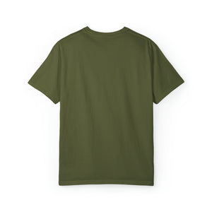 Back of a plain olive green Comfort Colors garment-dyed t-shirt made of 100% ring-spun cotton.