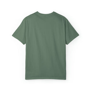 Back view of a plain, relaxed fit, garment-dyed olive green t-shirt made from 100% ring-spun cotton.