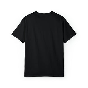 Back of a plain black Comfort Colors garment-dyed t-shirt made of 100% ring-spun cotton.