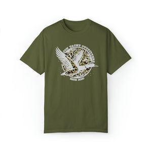 Olive green Comfort Colors t-shirt with a white flying duck and "Don Yacht Outfitters" camo design.