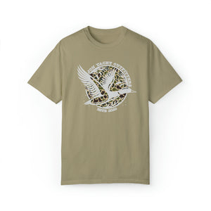 Garment-dyed khaki t-shirt with a white flying duck and "Don Yacht Outfitters" camo logo.