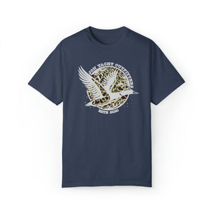 Navy blue Comfort Colors t-shirt with "Don Yacht Outfitters" and a flying duck in camouflage print.