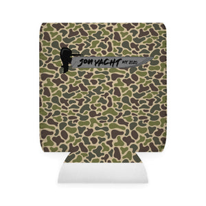 Camo neoprene can coozie with "Jon Yacht EST 2020" logo and outboard motor graphic.