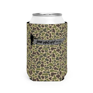 Camo neoprene can coozie with "JON YACHT EST. 2020" logo, fits standard 12oz cans.
