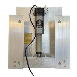 Silver aluminum OnTheFly Electric Jackplate with a gray actuator and black wiring.