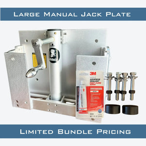 OnTheFly Manual Jackplate in silver aluminum with handle, 3M sealant, stainless steel bolts, and black motor clamp spacers.