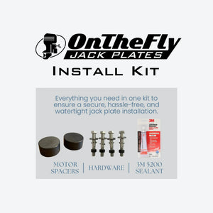 OnTheFly Jack Plates Install Kit with motor spacers, stainless steel hardware, and 3M 5200 sealant.