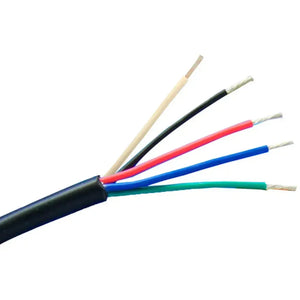 PlashLights 18AWG RGB+W 5-conductor marine wire with black jacket and exposed tinned copper strands.