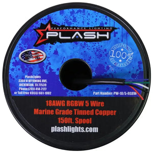 PlashLights 18AWG RGB+W 5-conductor marine-grade tinned copper wire, 150ft spool.