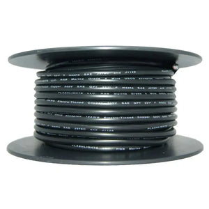 Black 150ft spool of PlashLights 18AWG RGB+W 5 conductor electro-tinned copper marine wire.