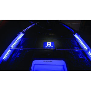 Boat interior illuminated with blue PlashLights LED strips, a glowing "HH Marine" logo, and a Lowrance display.