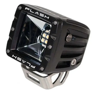 Black PlashLights 2" 40W fishing cube light with warm white LEDs and a silver mounting bracket.