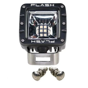 PlashLights 2" 40W warm white LED fishing cube light with black housing and stainless steel mounting bracket.