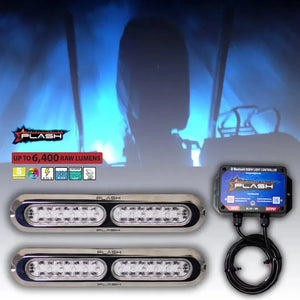 Two Plashlight Poquito 60W RGB underwater transom lights with 316 stainless steel housing and a Bluetooth controller.