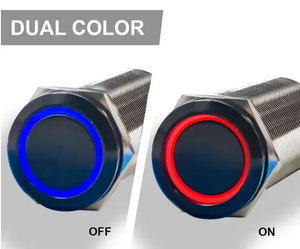 Plashlights REVERT 22mm metal switches with blue (OFF) and red (ON) LED rings.