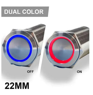 22mm Plashlights REVERT marine switch, brushed metal with blue "OFF" and red "ON" LED rings.
