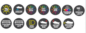 Collection of round, black icons with yellow, white, and multicolor symbols for boat electrical switches.