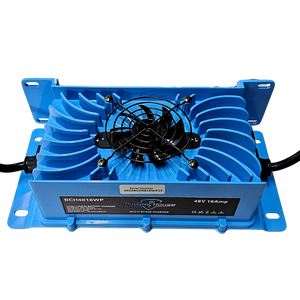 Blue Power House 48V 16A lithium battery charger with a black cooling fan and ribbed design.