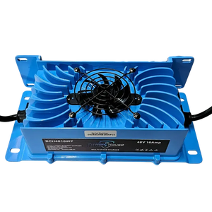 Blue Power House 48V 16A lithium battery charger with a black cooling fan and ribbed design.